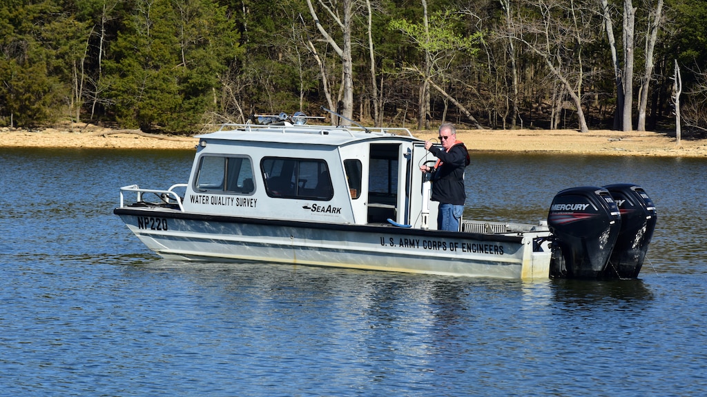 Mark Campbell, hydrologist and Water Quality Program lead, puts a water quality instrument J. Percy Priest Lake in Hermitage, Tennessee March 26, 2025. He is the U.S. Army Corps of Engineers Nashville District Employee of the Month for January 2025. (USACE Photo by Lee Roberts)