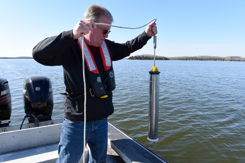 Mark Campbell, hydrologist and Water Quality Program lead, collects water samples at J. Percy Priest Lake in Hermitage, Tennessee March 26, 2025. He is the U.S. Army Corps of Engineers Nashville District Employee of the Month for January 2025. (USACE Photo by Lee Roberts)