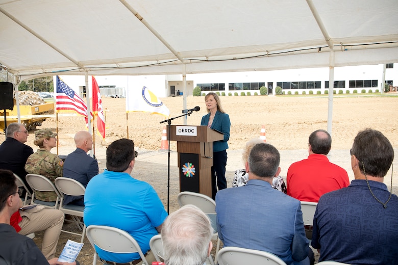 Dr. Beth Fleming, director of the U.S. Army Engineer Research and Development Center, addresses the crowd at a groundbreaking ceremony for a new Watercraft and Ship Simulation Facility located at the Coastal and Hydraulics Laboratory in Vicksburg, Miss., March 27, 2025.