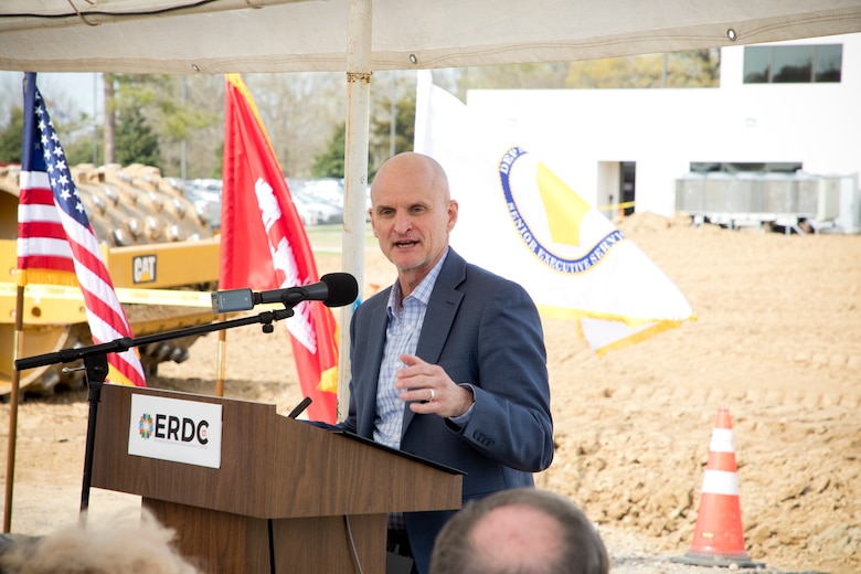Dr. Ty Wamsley, director of U.S. Army Engineer Research and Development Center’s Coastal and Hydraulics Laboratory, addresses the crowd at a groundbreaking ceremony for a new Watercraft and Ship Simulation Facility located in Vicksburg, Miss., March 27, 2025.