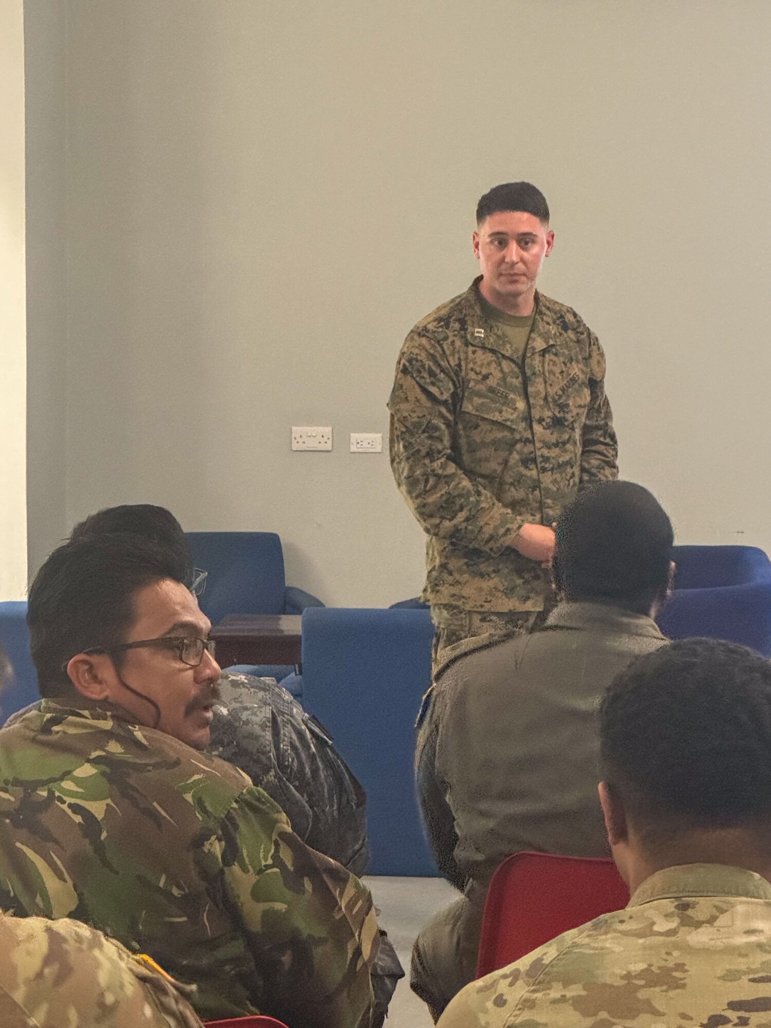 U.S. Marine Capt. James Greer, lead planner for JTF-Bravo exercise Agile Bear, provides a briefing to members from the Belize Defence Force, including its Joint Intelligence Operations Center, Belize Coast Guard, and the Belize Police Department. Through exercises like Agile Bear, JTF-Bravo can actively train alongside partners, fostering crucial interoperability that strengthens regional security.