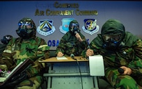 U.S. and Republic of Korea air component leaders hold a combined operations meeting in Mission Oriented Protective Posture gear during Freedom Shield 25 at Osan Air Base, Republic of Korea, March 14, 2025.