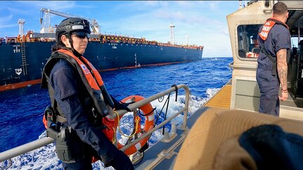 On March 23, 2025, a sector boarding team and DEA team, are delivered by a Station Apra Harbor small boat, to board the 607-foot China-flagged oil tanker Chang Hang Xi Wang off Guam, followed by a shoreside exam at Tristar Terminal.