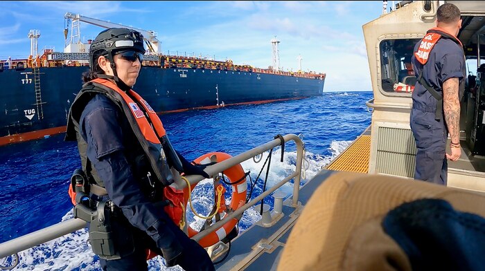 On March 23, 2025, a sector boarding team and DEA team, are delivered by a Station Apra Harbor small boat, to board the 607-foot China-flagged oil tanker Chang Hang Xi Wang off Guam, followed by a shoreside exam at Tristar Terminal.