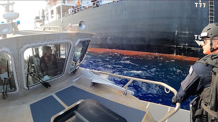 On March 23, 2025, a sector boarding team and DEA team, delivered by a Station Apra Harbor small boat, board the 607-foot China-flagged oil tanker Chang Hang Xi Wang off Guam, followed by a shoreside exam at Tristar Terminal.