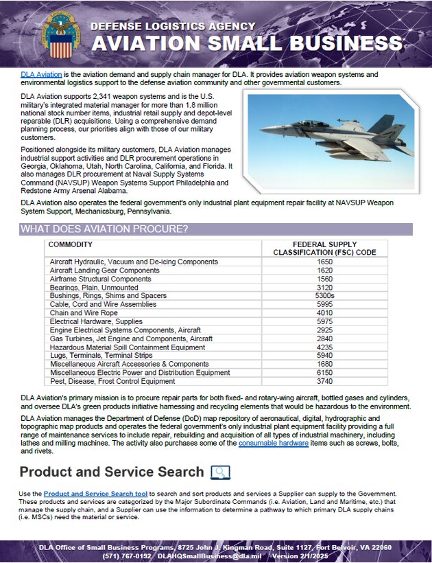 DLA Aviation brochure provides information on what Aviation procures, procurement opportunities, major spend patterns, and contact information.