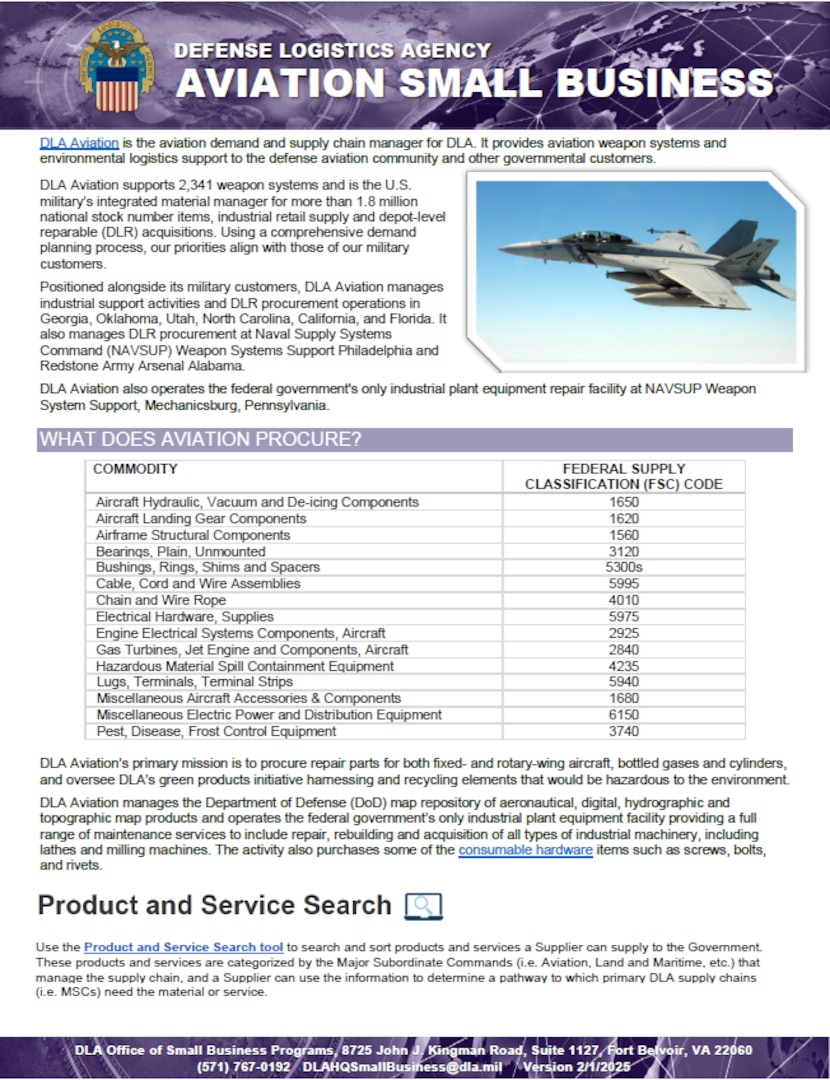 DLA Aviation brochure provides information on what Aviation procures, procurement opportunities, major spend patterns, and contact information.