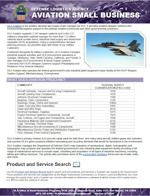 DLA Aviation brochure provides information on what Aviation procures, procurement opportunities, major spend patterns, and contact information.