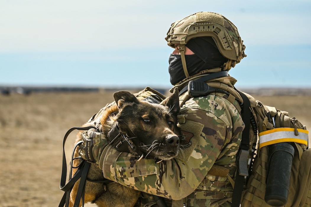 Airman carrying dog