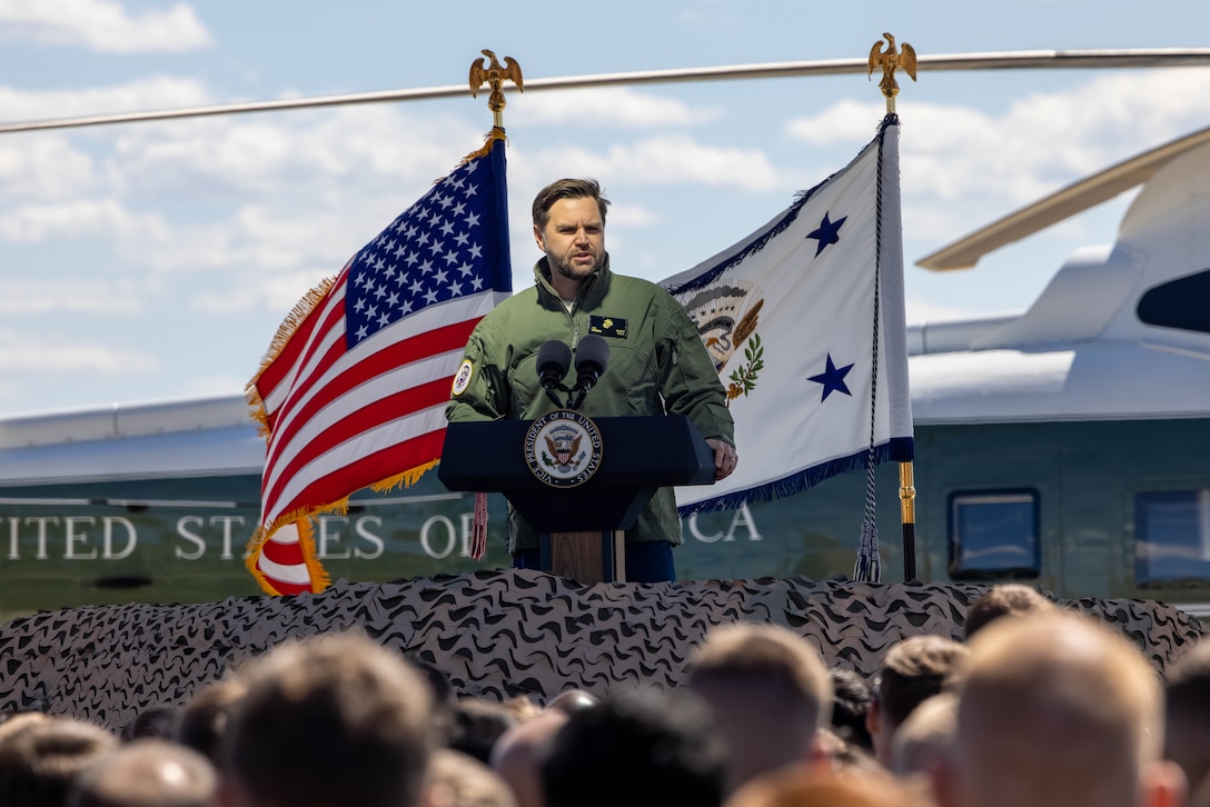 The 50th U.S. Vice President JD Vance delivers a speech to personnel in attendance of his arrival at Marine Corps Air Facility on Marine Corps Base Quantico, Virginia, March 26, 2025. Vance, who previously served as an active-duty, combat correspondent Marine, visited MCB Quantico and some of its 27 tenant commands to understand the operations of base, which serves as the bed of innovation and education for the Corps and the future of warfare. (U.S. Marine Corps photo by Lance Cpl. Federico Marquez)