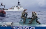 Members of the Coast Guard Cutter Waesche (WMSL-751) law enforcement boarding team inspect a self-propelled semi-submersible (SPSS) in international waters of the Eastern Pacific Ocean, Nov. 20, 2023. The interdiction of the SPSS yielded more than 5,500 pounds of cocaine. (U.S. Coast Guard photo)