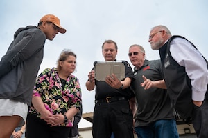 Alan Hebert, Goodfellow Fire Department Assistant Fire Chief, demonstrates drone capabilities during the 17th Mission Support Group immersion at Goodfellow Air Force Base, Texas, March 27, 2025. The drone presents an advantage as the integrated technologies have camera and thermal capabilities, utilized as a force multiplier throughout the base. (U.S. Air Force photo by Senior Airman Zach Heimbuch)