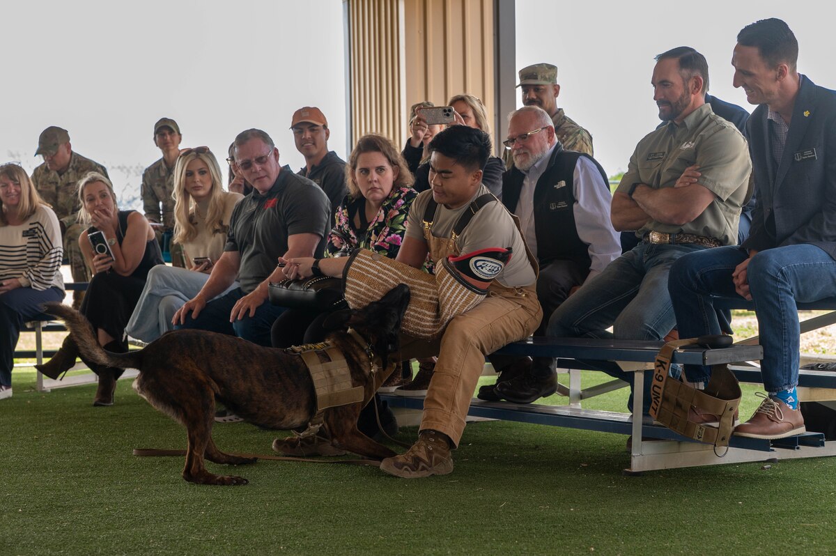 17th Training Wing honorary commanders view a Military Working Dog demonstration during the 17th Mission Support Group immersion at Goodfellow Air Force Base, Texas, March 27, 2025. The 17th Security Forces Squadron provides an unparalleled defense to Goodfellow by ensuring base safety, providing weapons training, and conducting agile operations across the globe. (U.S. Air Force photo by Senior Airman Zach Heimbuch)