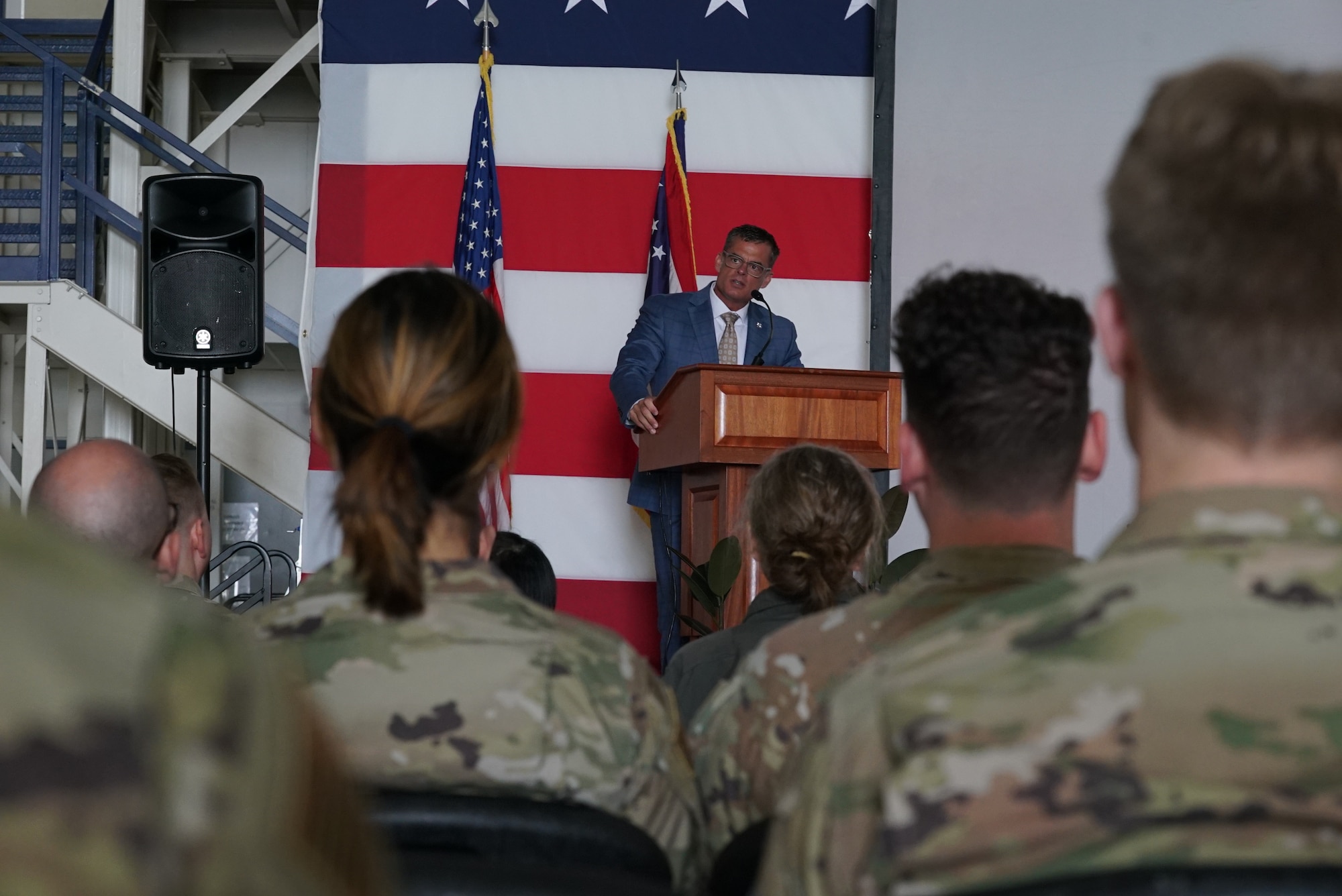 Andy Wilson, Director of the Ohio Department of Public Safety, speaks on the importance of military service and the relationship of the community and the Wing, during the 2025 Advanced Wrath Distinguished Visitor and Industry Leader Day, at Springfield Air National Guard base, 19 March, 2025. Exercise Advanced Wrath is a collaborative training exercise bringing together the 178th Wing, the 174th Attack Wing, Syracuse, New York. This capability not only expands the lethality of the 178th Wing but also highlights its ability to provide support in contested environments. (U.S. Air National Guard photo by Staff Sgt. Jillian Maynus, 178th Wing)