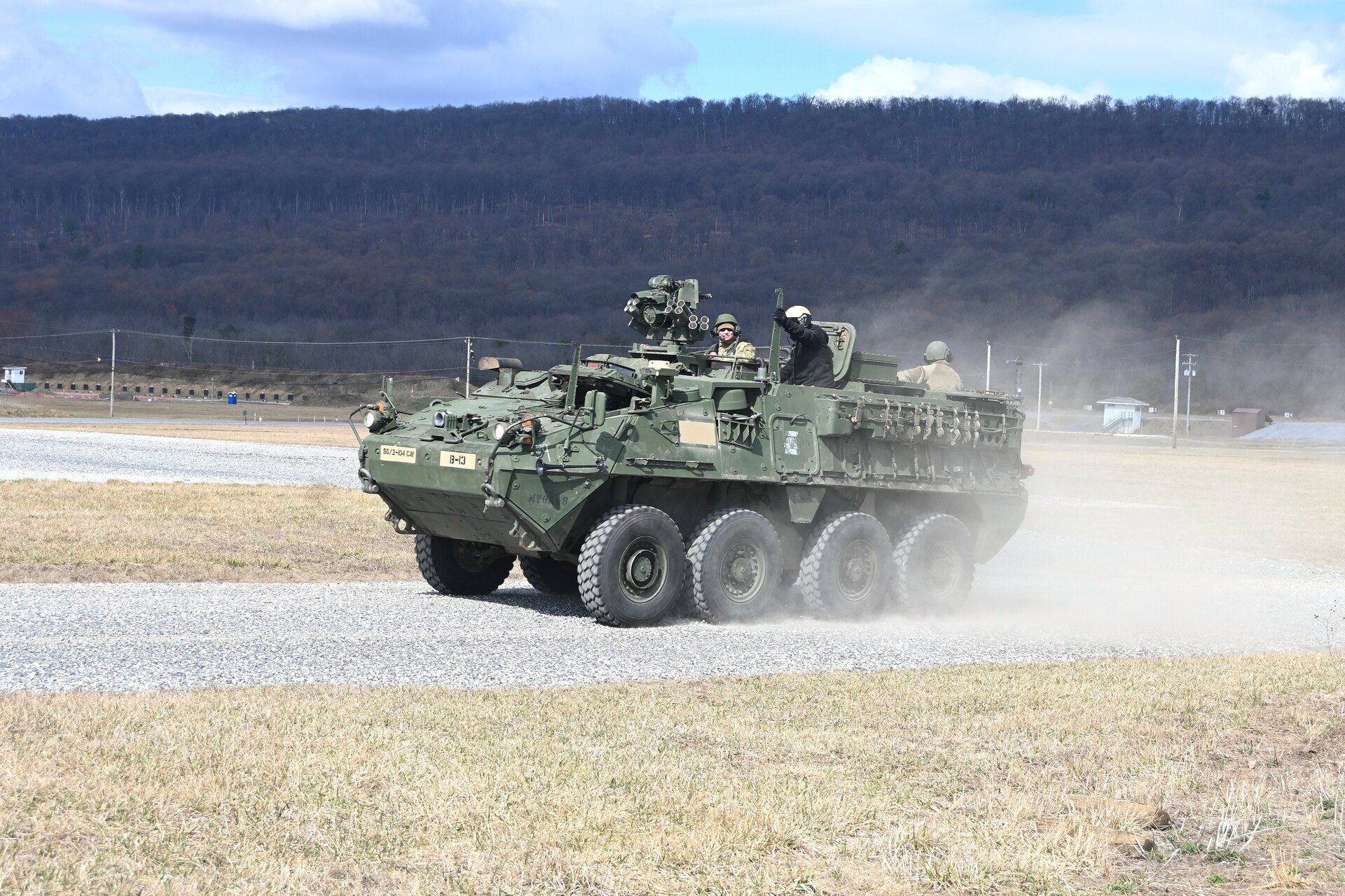 Soldiers from the 56th Stryker Brigade Combat Team conduct training on upgraded Stryker vehicles March 26, 2025, at Fort Indiantown Gap, Pa. As part of a program to modernize the 56th SBCT, the brigade is receiving 324 upgraded Strykers. (Pennsylvania National Guard photo by Brad Rhen)