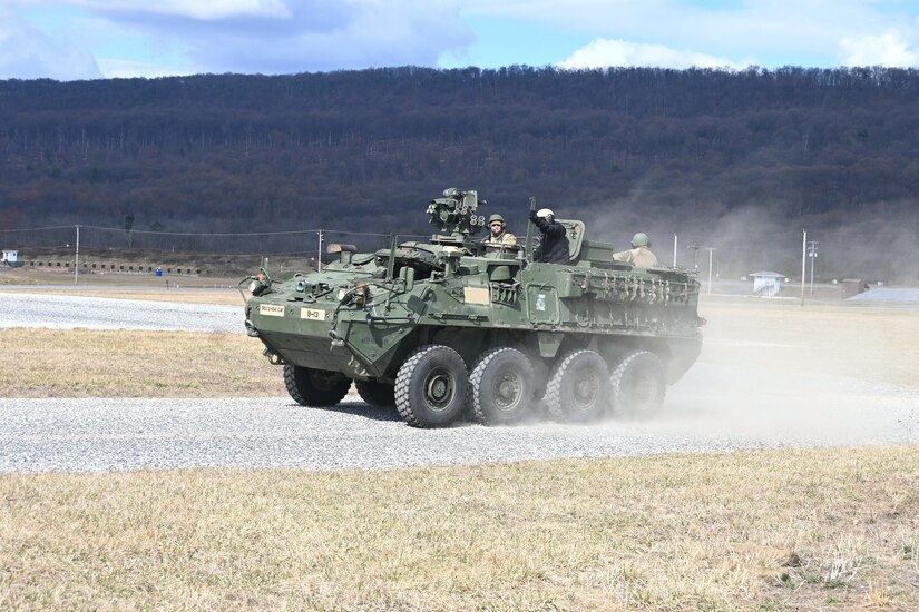 Soldiers from the 56th Stryker Brigade Combat Team conduct training on upgraded Stryker vehicles March 26, 2025, at Fort Indiantown Gap, Pa. As part of a program to modernize the 56th SBCT, the brigade is receiving 324 upgraded Strykers. (Pennsylvania National Guard photo by Brad Rhen)