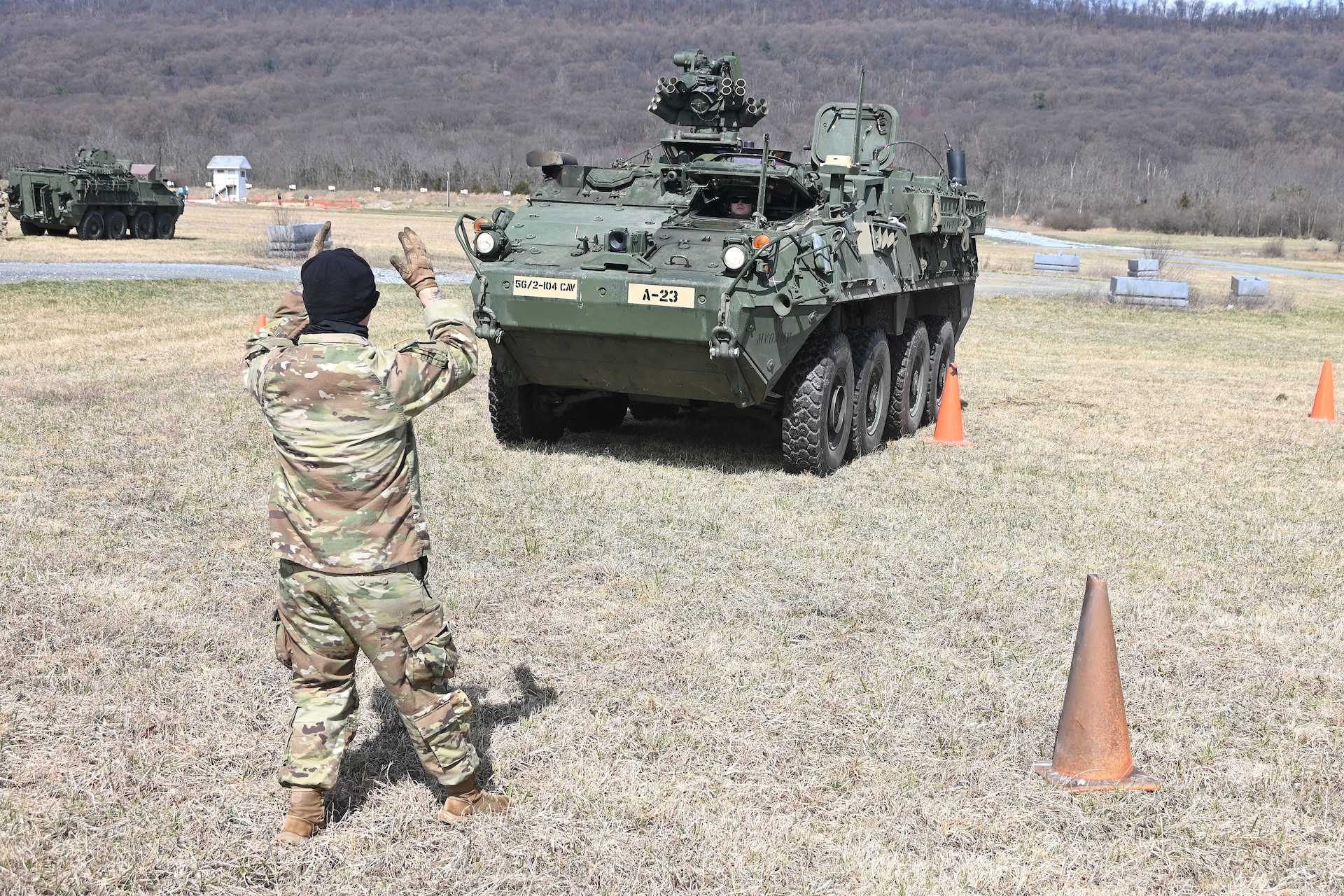 Soldiers from the 56th Stryker Brigade Combat Team conduct training on upgraded Stryker vehicles March 26, 2025, at Fort Indiantown Gap, Pa. As part of a program to modernize the 56th SBCT, the brigade is receiving 324 upgraded Strykers. (Pennsylvania National Guard photo by Brad Rhen)