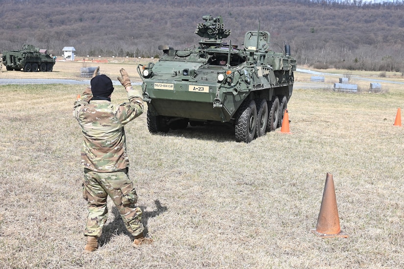 Soldiers from the 56th Stryker Brigade Combat Team conduct training on upgraded Stryker vehicles March 26, 2025, at Fort Indiantown Gap, Pa. As part of a program to modernize the 56th SBCT, the brigade is receiving 324 upgraded Strykers. (Pennsylvania National Guard photo by Brad Rhen)