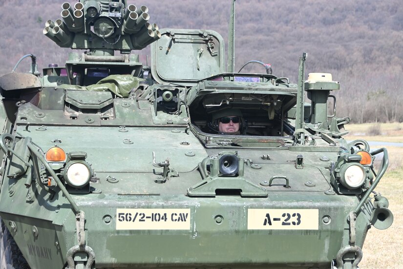 A Soldier from the 56th Stryker Brigade Combat Team conducts training on an upgraded Stryker vehicle March 26, 2025, at Fort Indiantown Gap, Pa. As part of a program to modernize the 56th SBCT, the brigade is receiving 324 upgraded Strykers. (Pennsylvania National Guard photo by Brad Rhen)