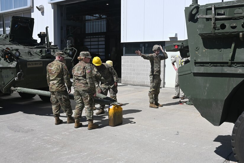 Soldiers from the 56th Stryker Brigade Combat Team conduct training on upgraded Stryker vehicles March 27, 2025, at Fort Indiantown Gap, Pa. As part of a program to modernize the 56th SBCT, the brigade is receiving 324 upgraded Strykers. (Pennsylvania National Guard photo by Brad Rhen)