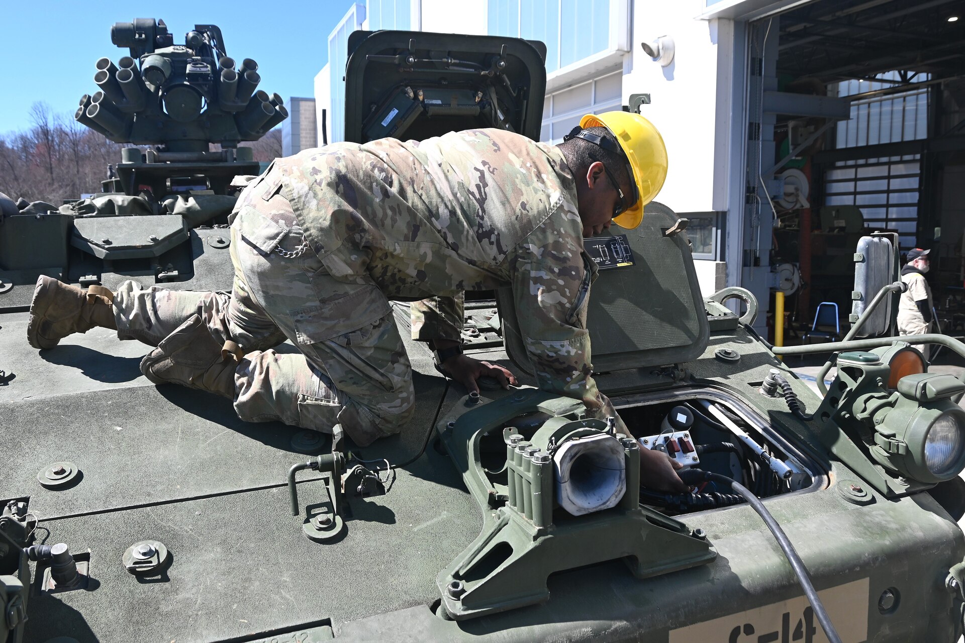 A Soldier from the 56th Stryker Brigade Combat Team conducts training on upgraded Stryker vehicle March 27, 2025, at Fort Indiantown Gap, Pa. As part of a program to modernize the 56th SBCT, the brigade is receiving 324 upgraded Strykers. (Pennsylvania National Guard photo by Brad Rhen)