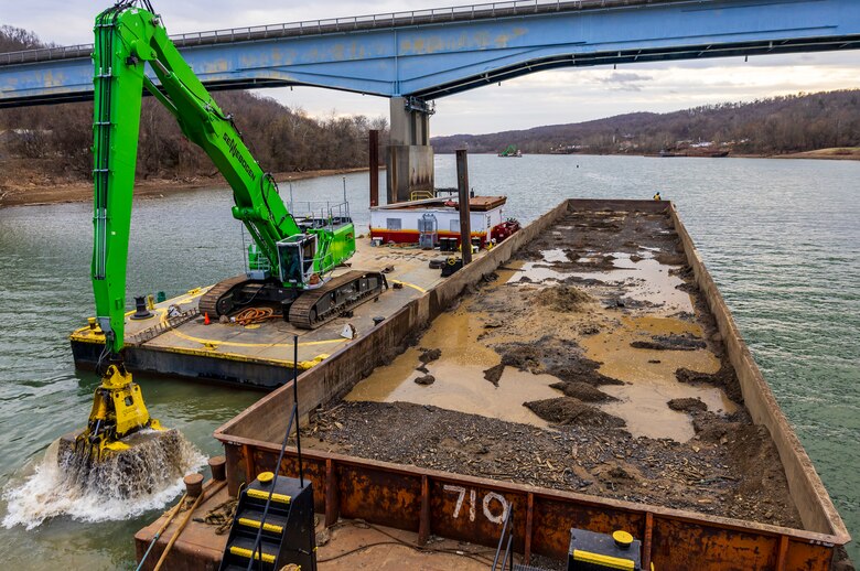 The dredging contract consists of two dredging crews that have been working six days a week since September. The crews have removed more than 314 barges of material so far, equivalent to 166,000 tons of soil, rocks and debris from the river bottom.