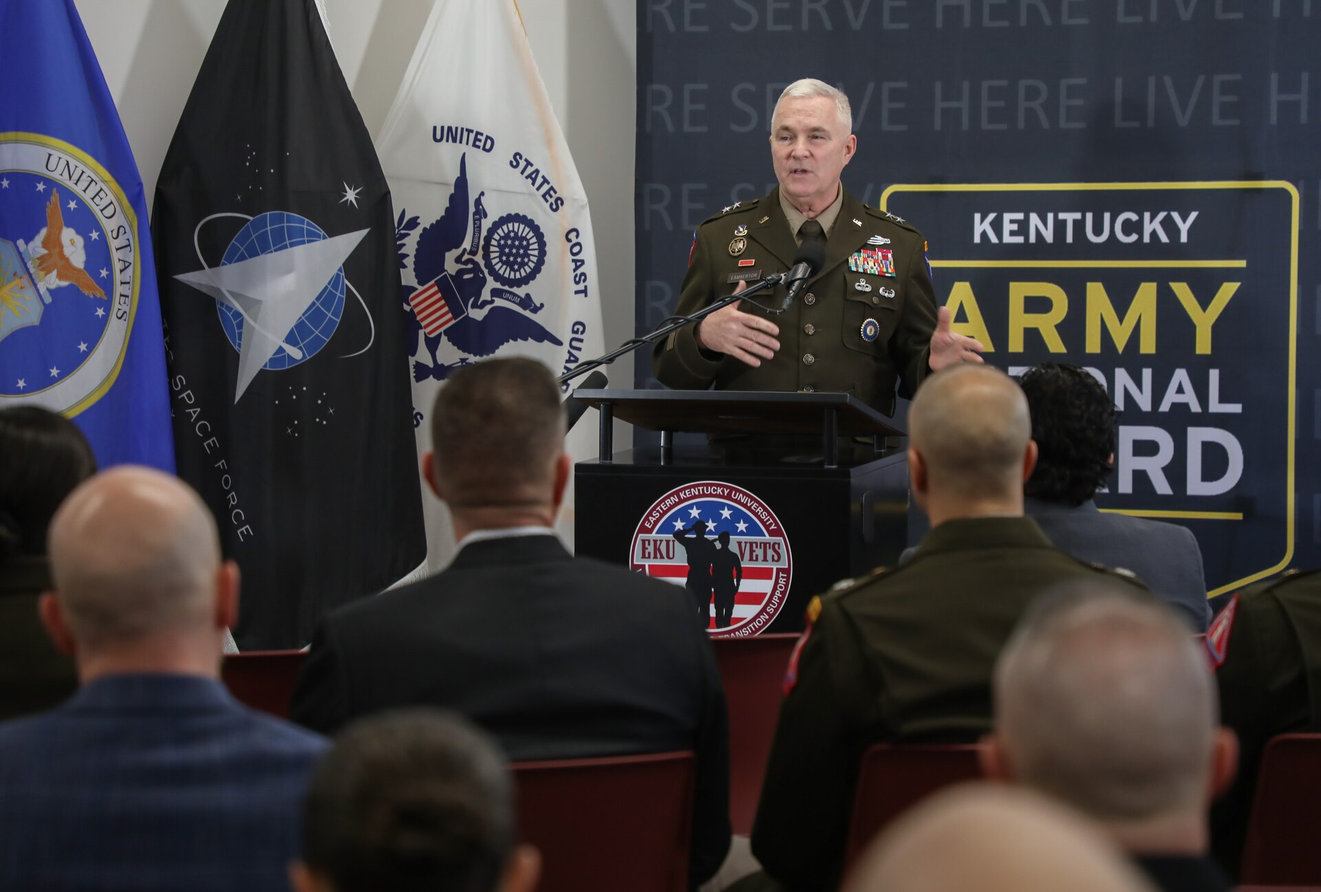 U.S. Army Maj. Gen. Hal Lamberton, Kentucky's adjutant general, delivers remarks before signing a memorandum of understanding with Eastern Kentucky University, Mar. 26, 2025.