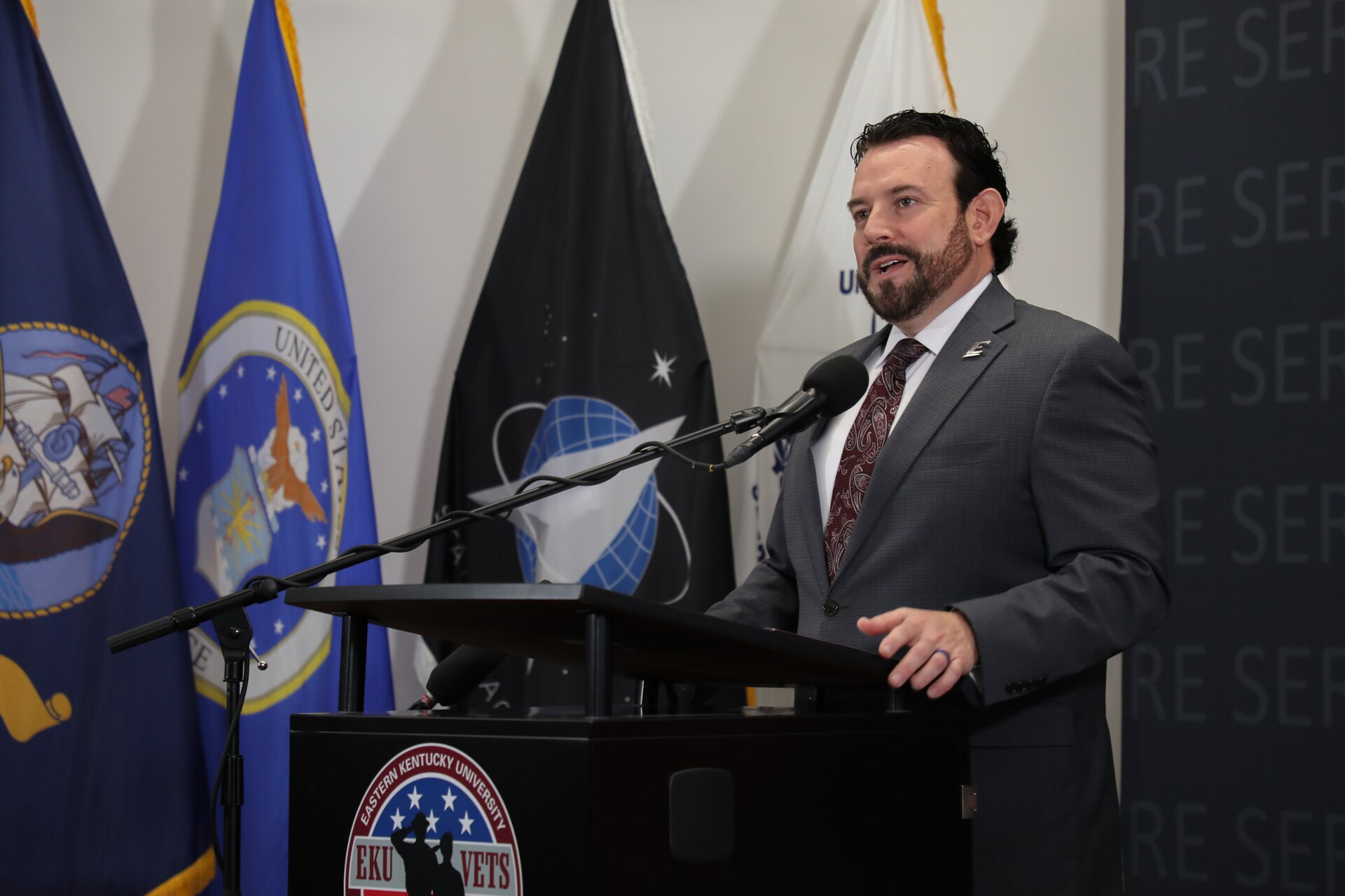 EKU President Dr. David McFaddin delivers remarks before signing a memorandum of understanding with the Kentucky National Guard, Mar. 26, 2025.