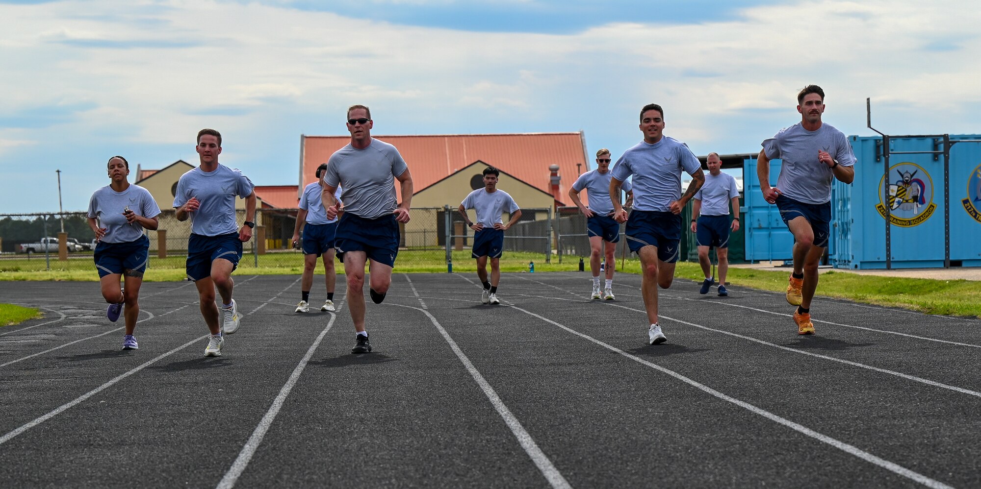 U.S. Airmen from the 42nd Contracting Squadron run during unit physical training at Maxwell Air Force Base, Alabama, March 26, 2025.