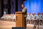 U.S. Army Capt. Evan Pitchford, 947th Engineer Vertical Construction Company, commander, provides remarks at a departure ceremony at the Montrose Pavilion Event Center, Montrose, Colorado, May 22, 2024. The 947th EVCC deployed in support of U.S. Central Command as part of Operation Spartan Shield and is headquartered at Montrose, Colorado. (U.S. Army National Guard photo by Capt. Remington Henderson)