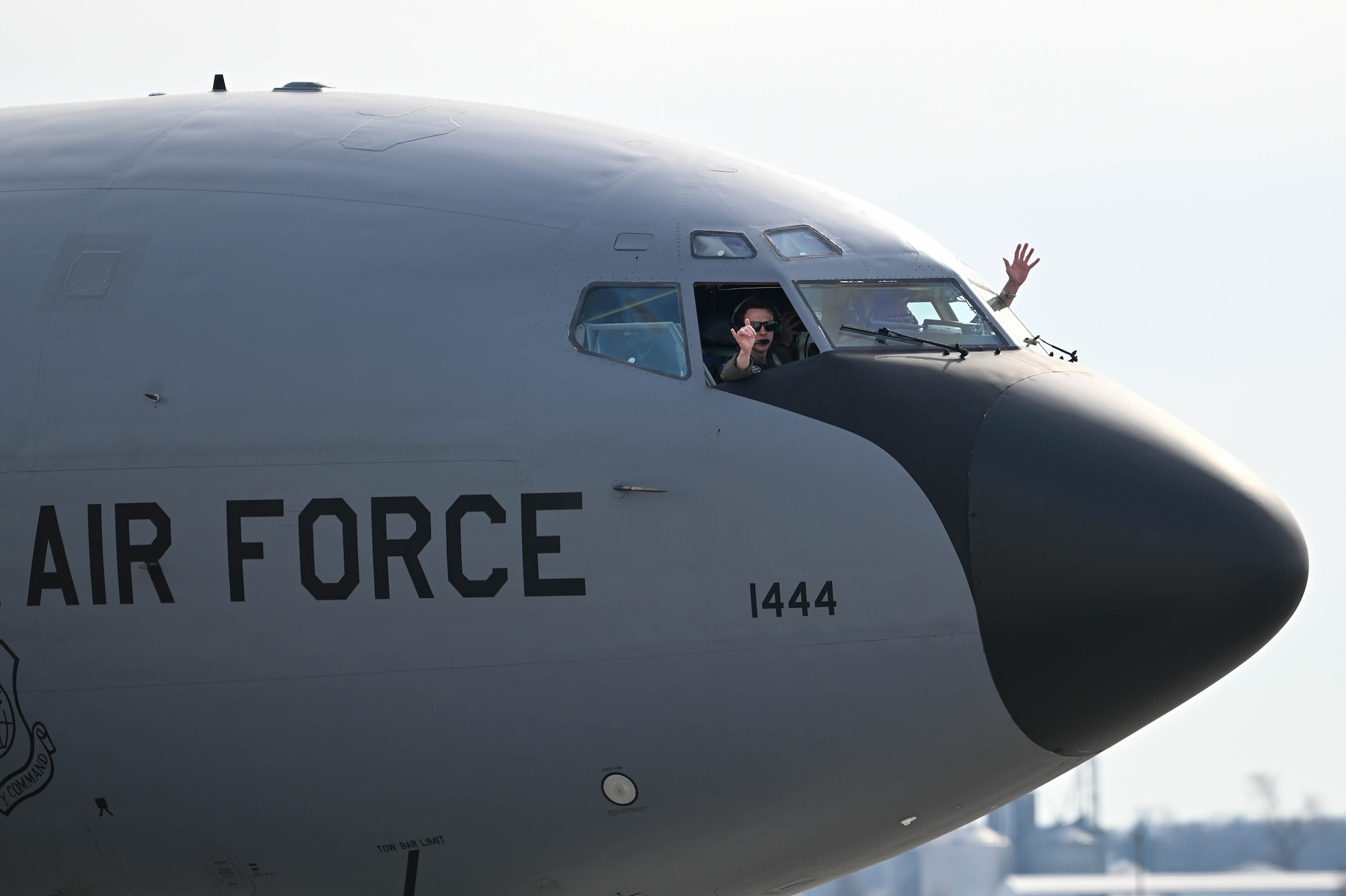 A KC-135 Stratotanker from the 121st Air Refueling Wing participates in a close formation taxi commonly known as an "elephant walk", on Springfield-Beckley Air National Guard Base, March 19, 2024. The elephant walk demonstrated the 178th Wing's rapid mobility capabilities and real-world response readiness. (U.S. Air National Guard photo by Airman 1st Class Josh Kaeser)