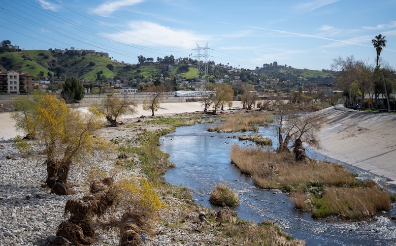 Reach 6 of the Los Angeles River is pictured Feb. 27 next to LA’s historic Taylor Yard.