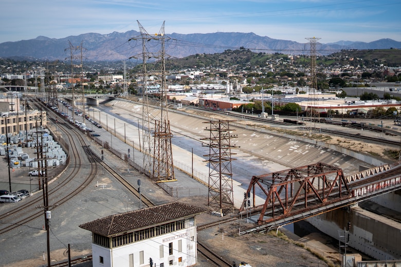 Reach 8 of the Los Angeles River is pictured Feb. 27 at the LA Trailer and Container intermodal facility near Union Station in downtown LA.