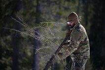 A man in military uniform removes branches from a dead tree branch.