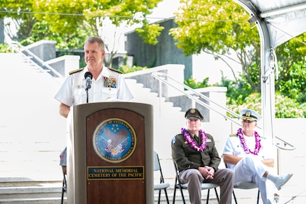 Adm. Samuel Paparo, commander of U.S. Indo-Pacific Command, delivers a keynote address during the Vietnam War Veterans Day ceremony at the National Memorial Cemetery of the Pacific in Honolulu, March 28, 2025.