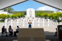 The University of Hawaii Navy ROTC Drill Team performs during the Vietnam War Veterans Day ceremony at the National Memorial Cemetery of the Pacific in Honolulu, March 28, 2025.