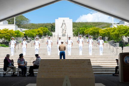 The University of Hawaii Navy ROTC Drill Team performs during the Vietnam War Veterans Day ceremony at the National Memorial Cemetery of the Pacific in Honolulu, March 28, 2025.