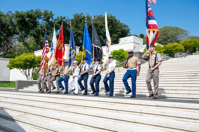 The joint Service Color Guard presents the colors during the Vietnam War Veterans Day ceremony at the National Memorial Cemetery of the Pacific in Honolulu, March 28, 2025.