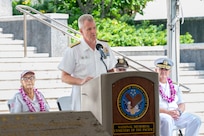 Adm. Samuel Paparo, commander of U.S. Indo-Pacific Command, delivers a keynote address during the Vietnam War Veterans Day ceremony at the National Memorial Cemetery of the Pacific in Honolulu, March 28, 2025.