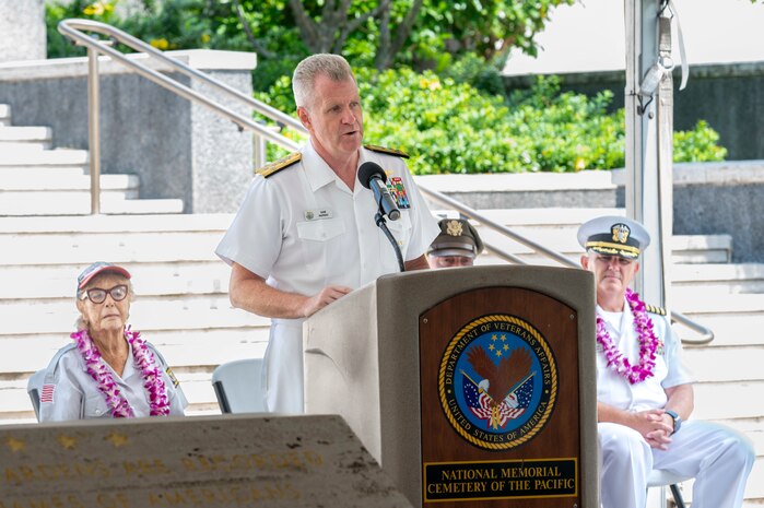 Adm. Samuel Paparo, commander of U.S. Indo-Pacific Command, delivers a keynote address during the Vietnam War Veterans Day ceremony at the National Memorial Cemetery of the Pacific in Honolulu, March 28, 2025.