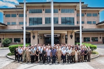 Adm. Samuel Paparo, commander of U.S. Indo-Pacific Command, joins Surangel Whipps Jr., President of the Republic of Palau, for a photo with the President’s delegation during the biannual Joint Committee Meeting at the U.S. Indo-Pacific Command Headquarters, Camp H.M. Smith, Hawaii, March 27, 2025.