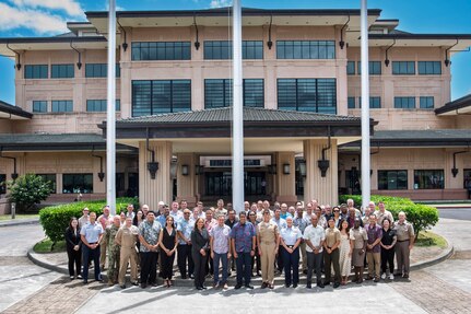 Adm. Samuel Paparo, commander of U.S. Indo-Pacific Command, joins Surangel Whipps Jr., President of the Republic of Palau, for a photo with the President’s delegation during the biannual Joint Committee Meeting at the U.S. Indo-Pacific Command Headquarters, Camp H.M. Smith, Hawaii, March 27, 2025.