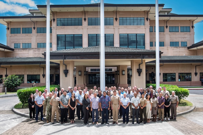 Adm. Samuel Paparo, commander of U.S. Indo-Pacific Command, joins Surangel Whipps Jr., President of the Republic of Palau, for a photo with the President’s delegation during the biannual Joint Committee Meeting at the U.S. Indo-Pacific Command Headquarters, Camp H.M. Smith, Hawaii, March 27, 2025.
