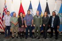 Adm. Samuel Paparo, commander of U.S. Indo-Pacific Command, joins Surangel Whipps Jr., President of the Republic of Palau, for a photo with the President’s delegation during the biannual Joint Committee Meeting at the U.S. Indo-Pacific Command Headquarters, Camp H.M. Smith, Hawaii, March 27, 2025.