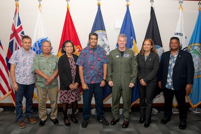 Adm. Samuel Paparo, commander of U.S. Indo-Pacific Command, joins Surangel Whipps Jr., President of the Republic of Palau, for a photo with the President’s delegation during the biannual Joint Committee Meeting at the U.S. Indo-Pacific Command Headquarters, Camp H.M. Smith, Hawaii, March 27, 2025.