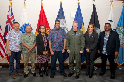 Adm. Samuel Paparo, commander of U.S. Indo-Pacific Command, joins Surangel Whipps Jr., President of the Republic of Palau, for a photo with the President’s delegation during the biannual Joint Committee Meeting at the U.S. Indo-Pacific Command Headquarters, Camp H.M. Smith, Hawaii, March 27, 2025.