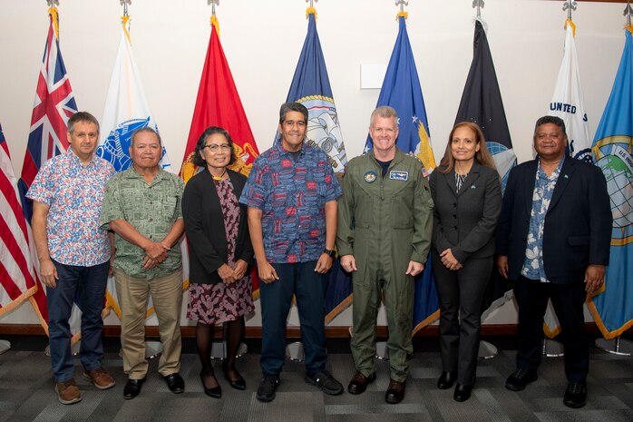 Adm. Samuel Paparo, commander of U.S. Indo-Pacific Command, joins Surangel Whipps Jr., President of the Republic of Palau, for a photo with the President’s delegation during the biannual Joint Committee Meeting at the U.S. Indo-Pacific Command Headquarters, Camp H.M. Smith, Hawaii, March 27, 2025.