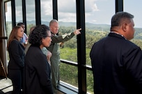 Adm. Samuel Paparo, commander of U.S. Indo-Pacific Command, shows Surangel Whipps Jr., President of the Republic of Palau, and his delegation the supporting component command and memorial locations throughout Oahu during a working lunch for the biannual Joint Committee Meeting at U.S. Indo-Pacific Command Headquarters, Camp H.M. Smith, Hawaii, March 27, 2025.