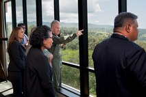 Adm. Samuel Paparo, commander of U.S. Indo-Pacific Command, shows Surangel Whipps Jr., President of the Republic of Palau, and his delegation the supporting component command and memorial locations throughout Oahu during a working lunch for the biannual Joint Committee Meeting at U.S. Indo-Pacific Command Headquarters, Camp H.M. Smith, Hawaii, March 27, 2025.