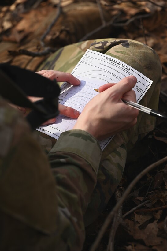 A  U.S. Airman assigned to the 178th Security Forces Squadron, Ohio Air National Guard draws terrain visible from his defensive fighting position on a range card Feb. 3, 2025 during annual training at Camp Holland in Butlerville, Indiana. The training, primarily focused on mission planning, included attacking and defending positions and aligning tactics with the Air Force doctrine of Agile Combat Employment. (U.S. Air National Guard photo by Shane Hughes)